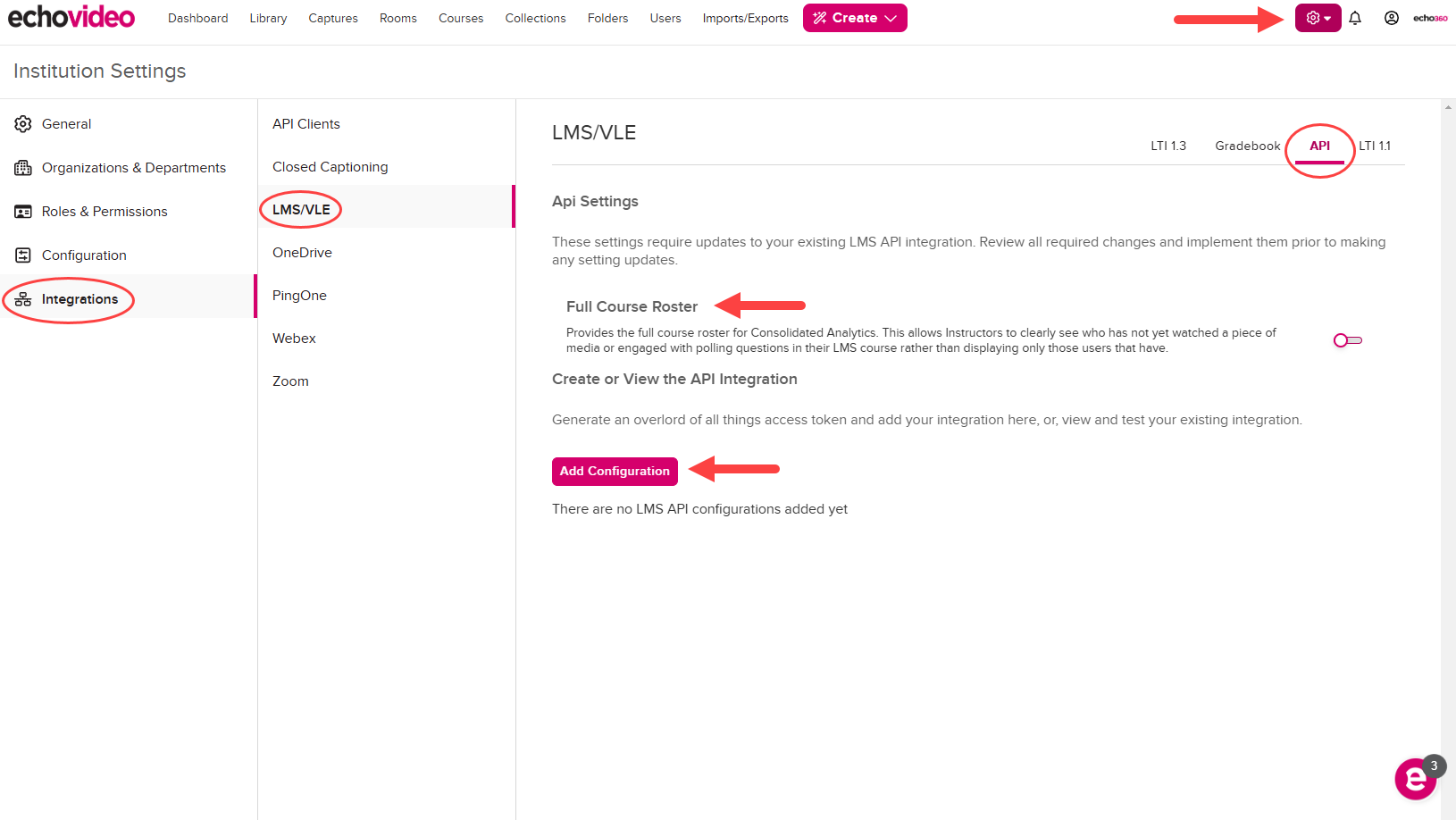 EchoVideo LMS configurations page with navigation to page and API tab shown as described