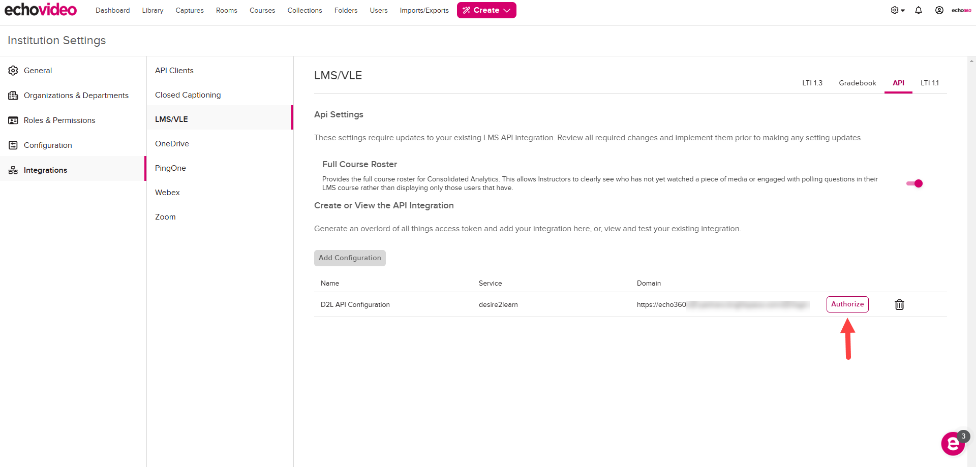 API tab of the LMS Configuration page in Echo360 with Authorize button identified for use as described