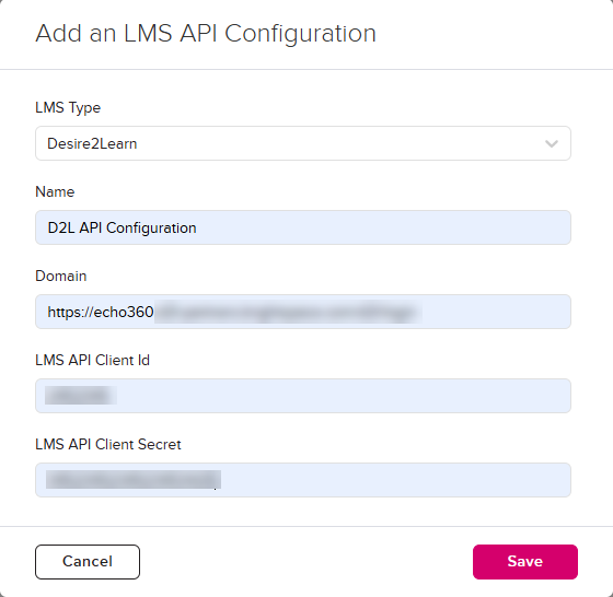 Desire2Learn API configuration form in EchoVideo with fields completed with values as described