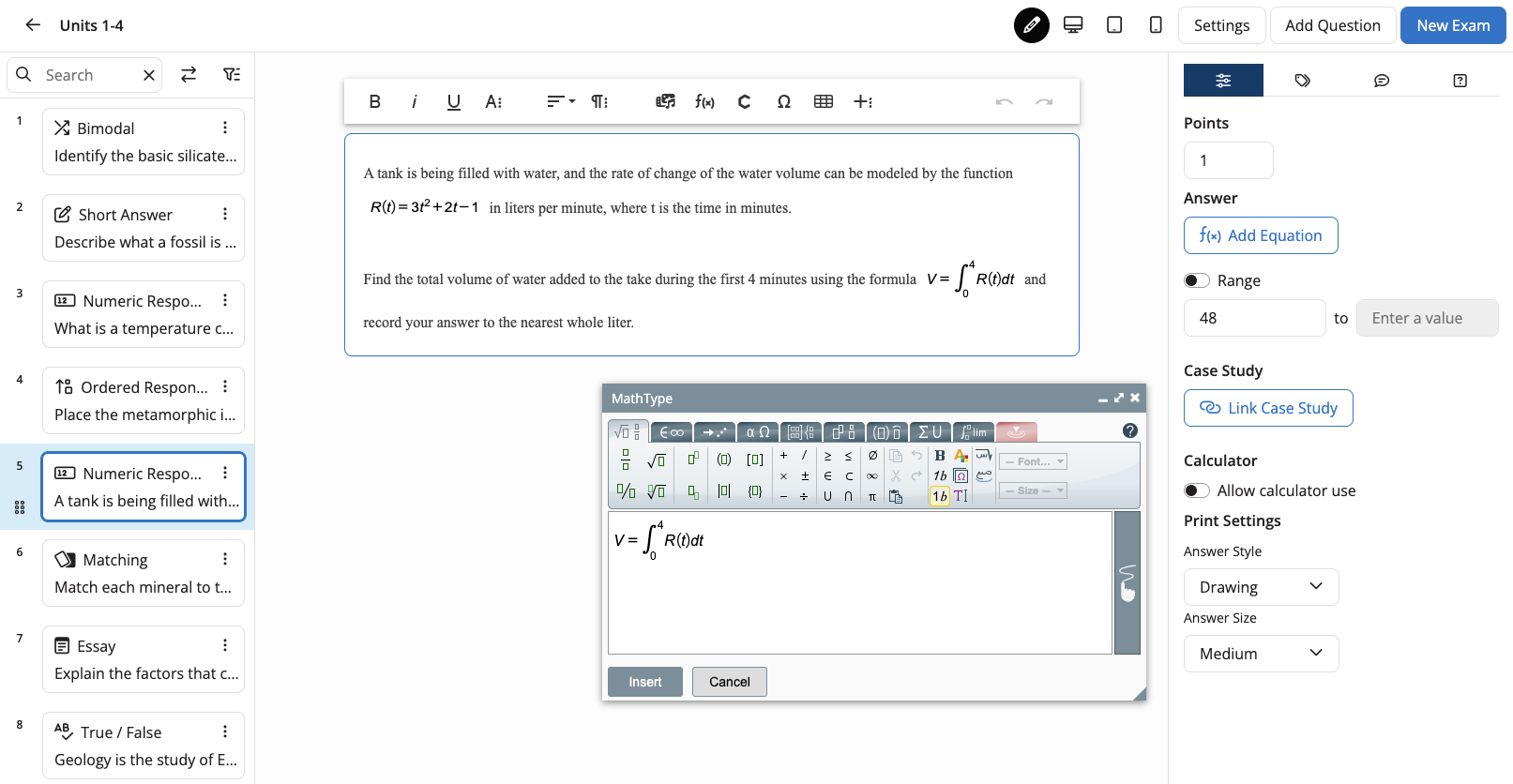 Equation editor opened over a Numeric Response question