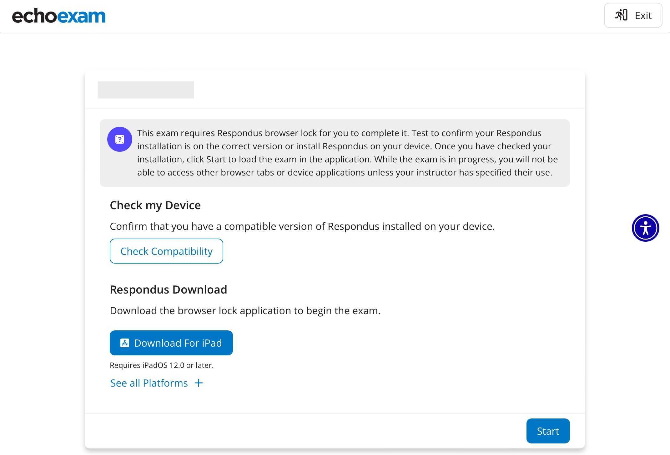 EchoExam browser lock, powered by Respondus, displayed on an iPad