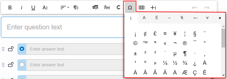 Rich Text Editor with Special Characters options identified as described