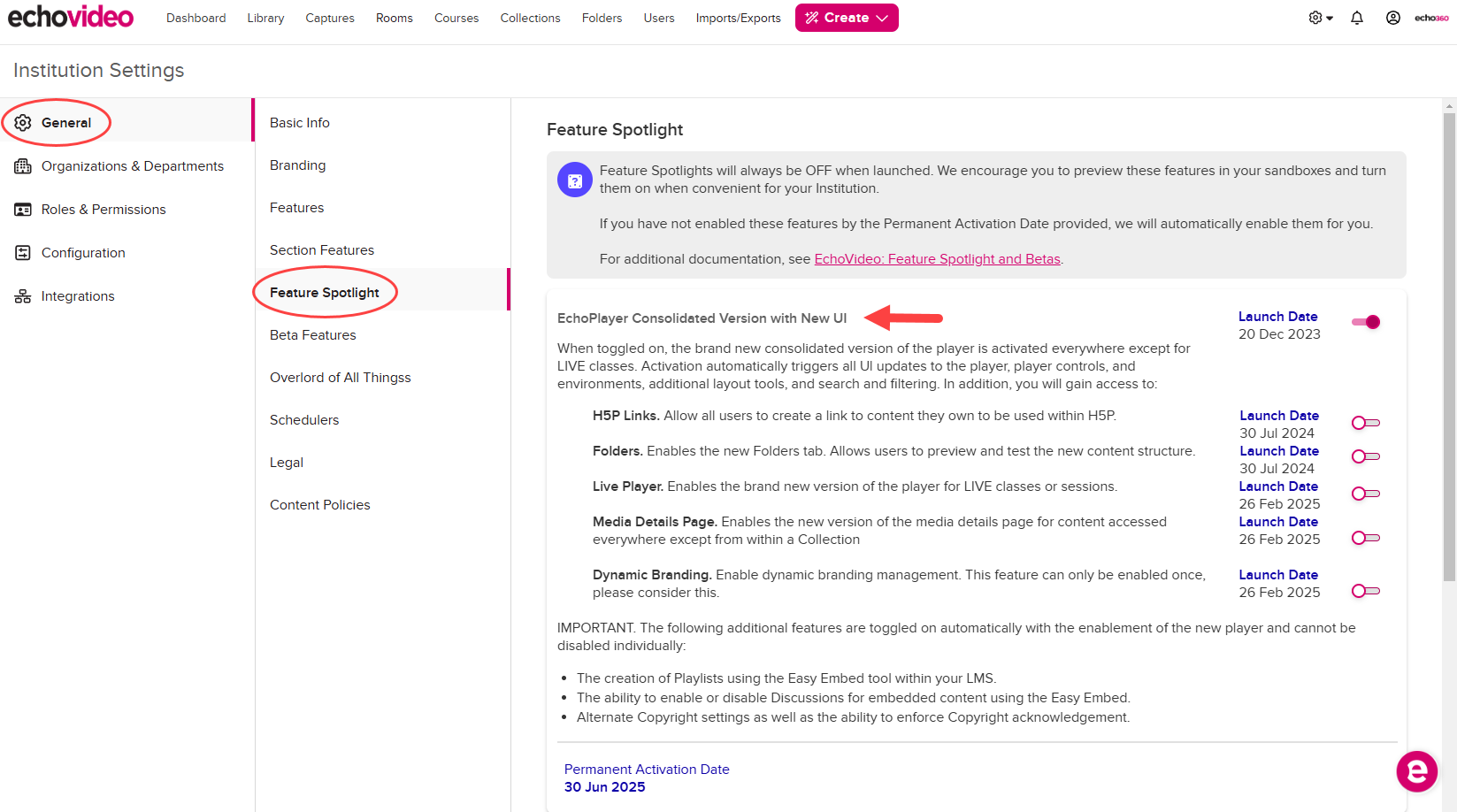 Institution Settings open to General, Feature Spotlight, with the EchoPlayer Consolidated Version with New UI toggle enabled as shown by the steps described