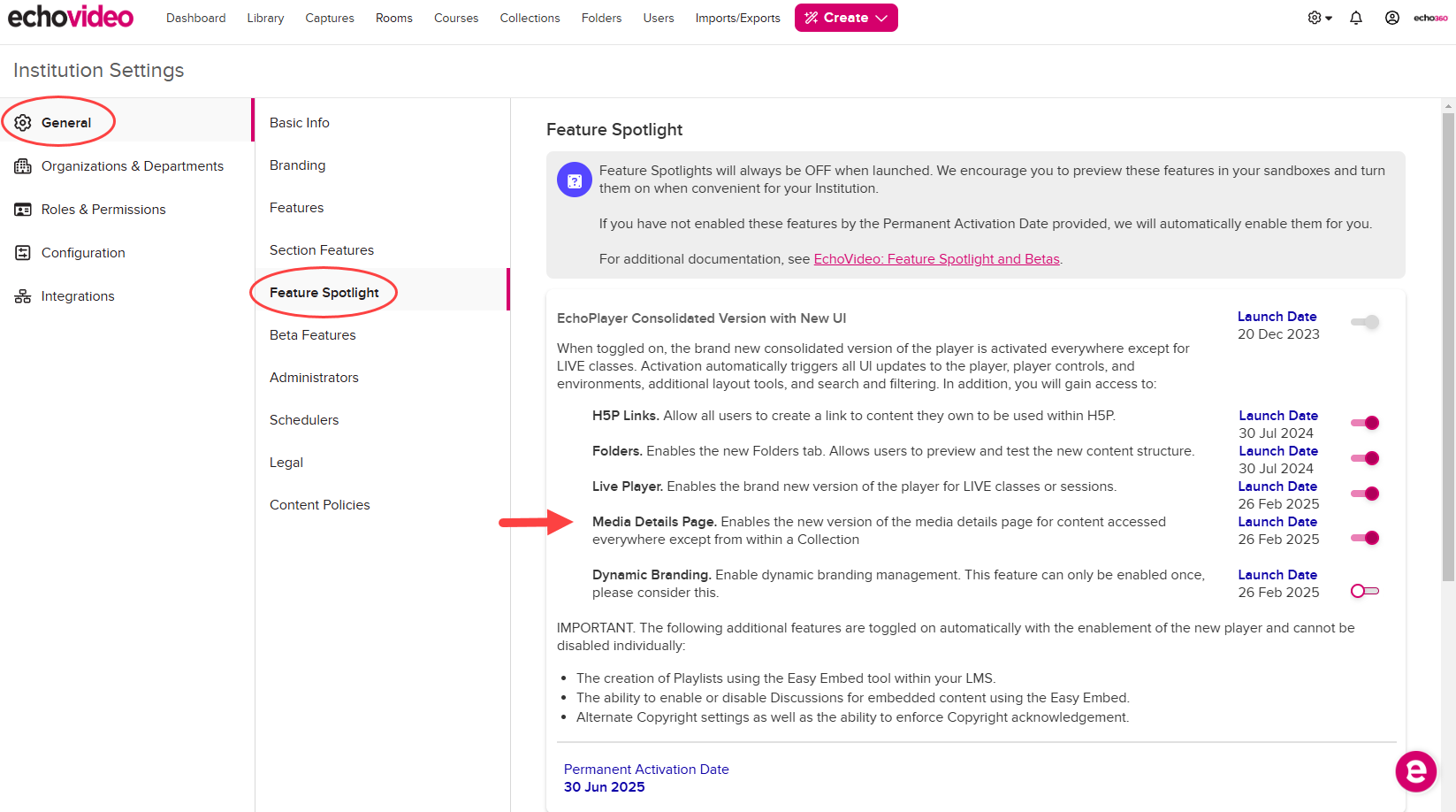 Institution Settings open to General, Feature Spotlight, with the Media Details Page toggle identified as described