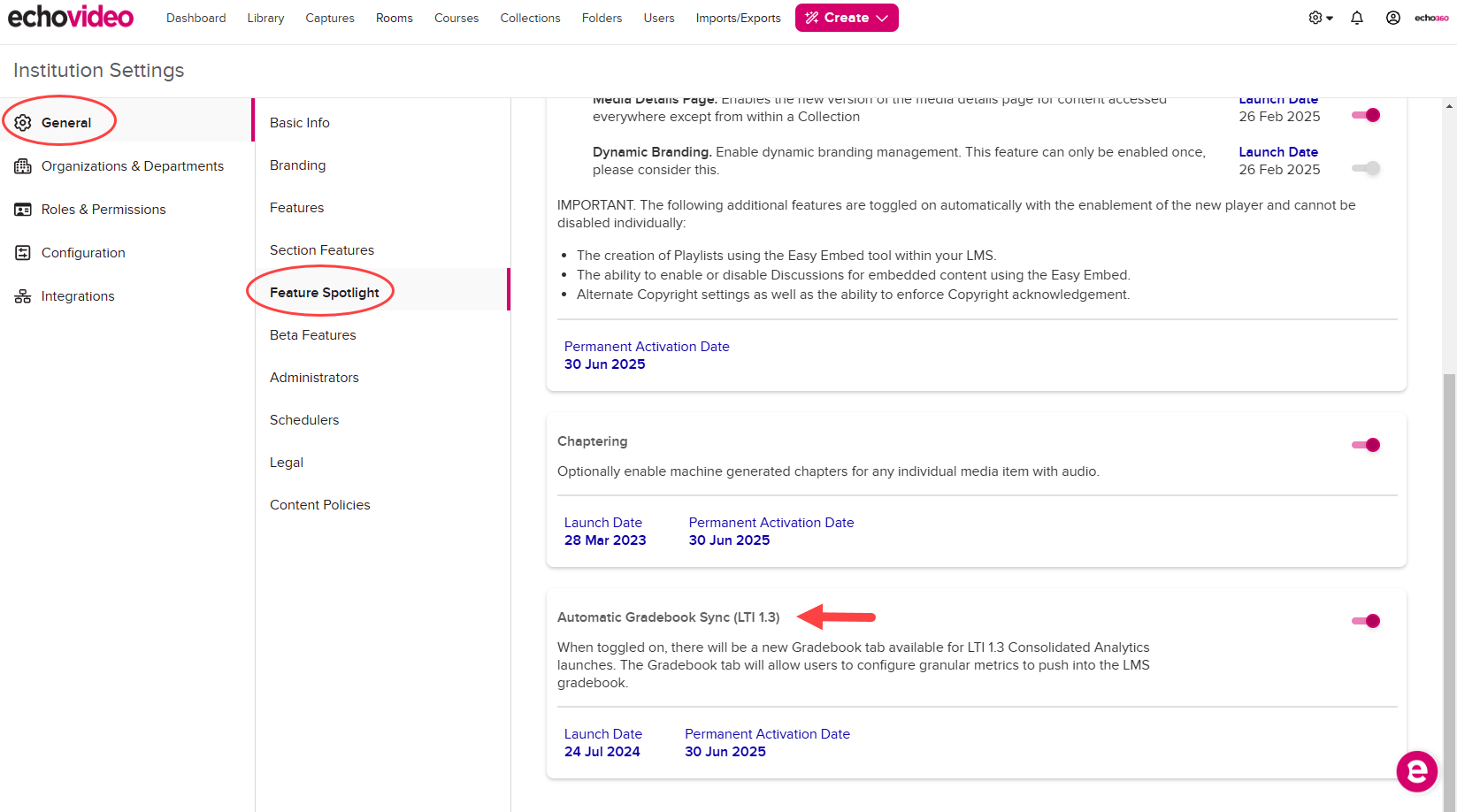 Institution Settings open to General, Feature Spotlight, with the Automatic Gradebook Sync (LTI 1.3) toggle identified as described