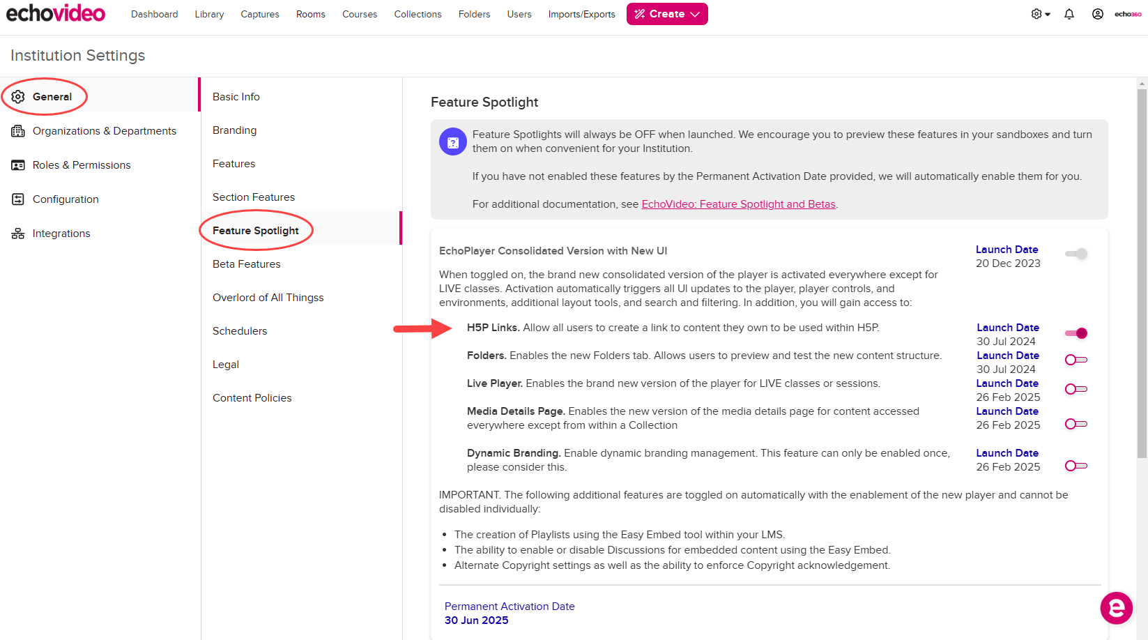 Institution Settings open to General, Feature Spotlight, with the H5P toggle enabled as shown by the steps described