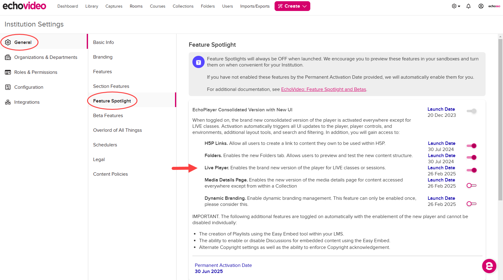 Institution Settings open to General, Feature Spotlight, with the EchoPlayer Consolidated Version with New UI for Live classes toggle identified as described