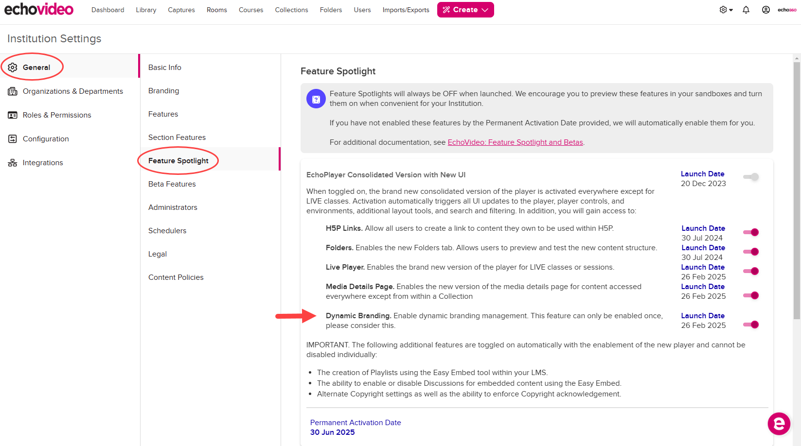 Institution Settings open to General, Feature Spotlight, with the Dynamic Branding Beta toggle identified as described