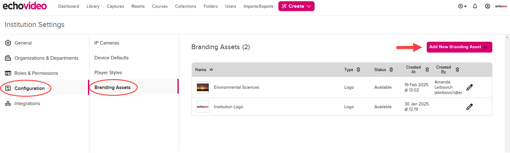 Manage Instutition Details with Configuration, Branding Assets, and Add New Branding Asset identified