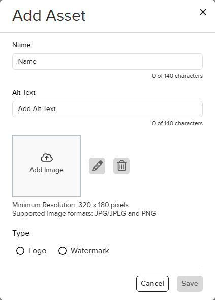 Add Asset modal with options as described