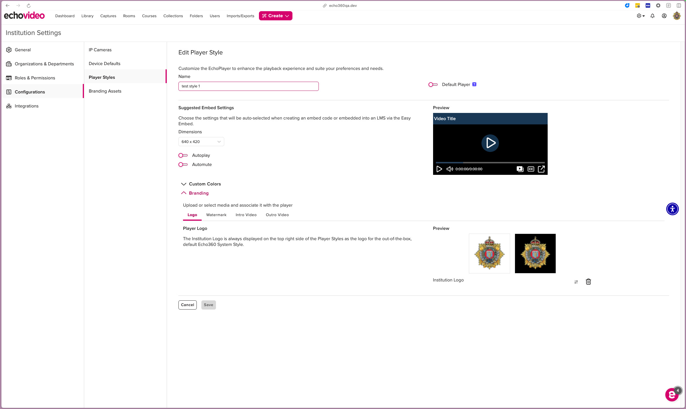 Player Styles tab of Institutional Settings showing branding options