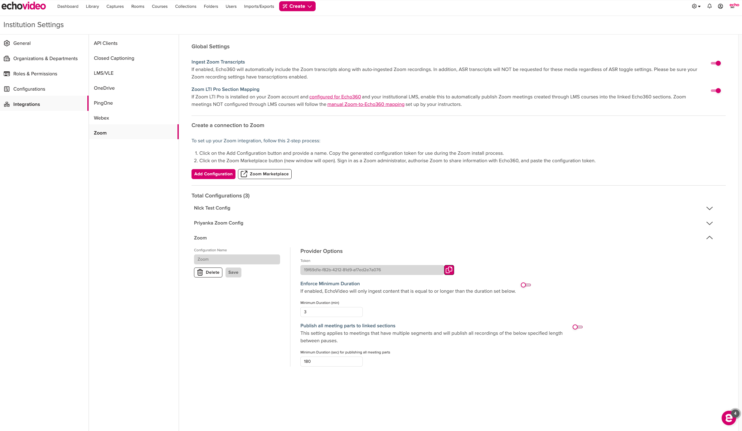 Zoom of the Integration section of Institutional Settings showing a minimum duration for Zoom recordings you wish to be imported