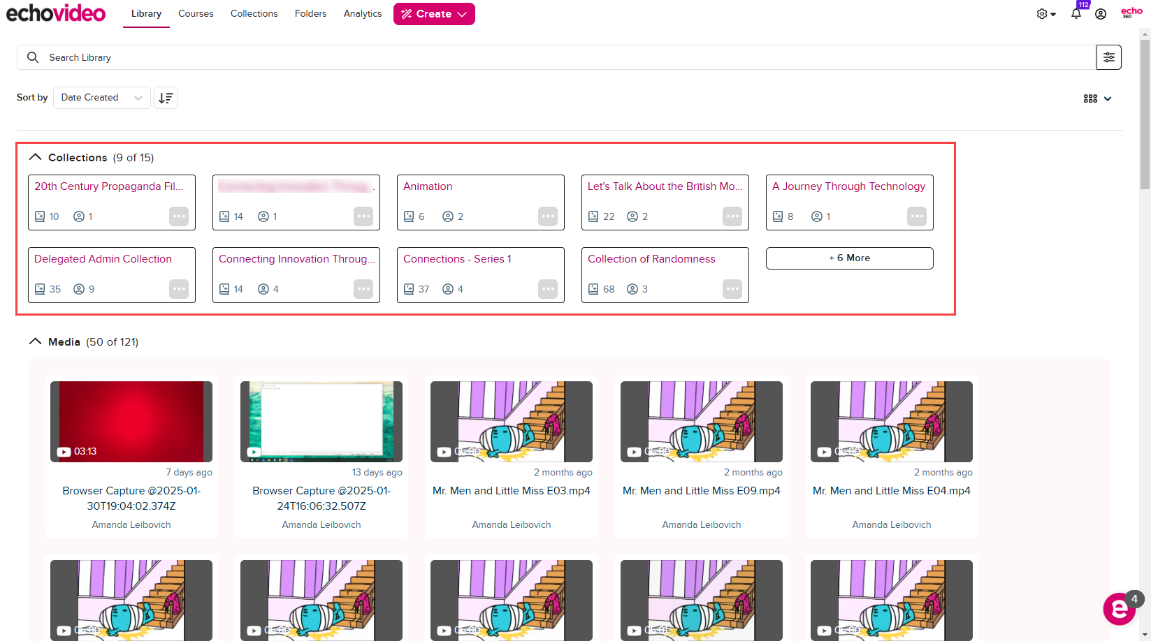 Library page showing Collections panel containing nine collections tiles and one plus more tile as described