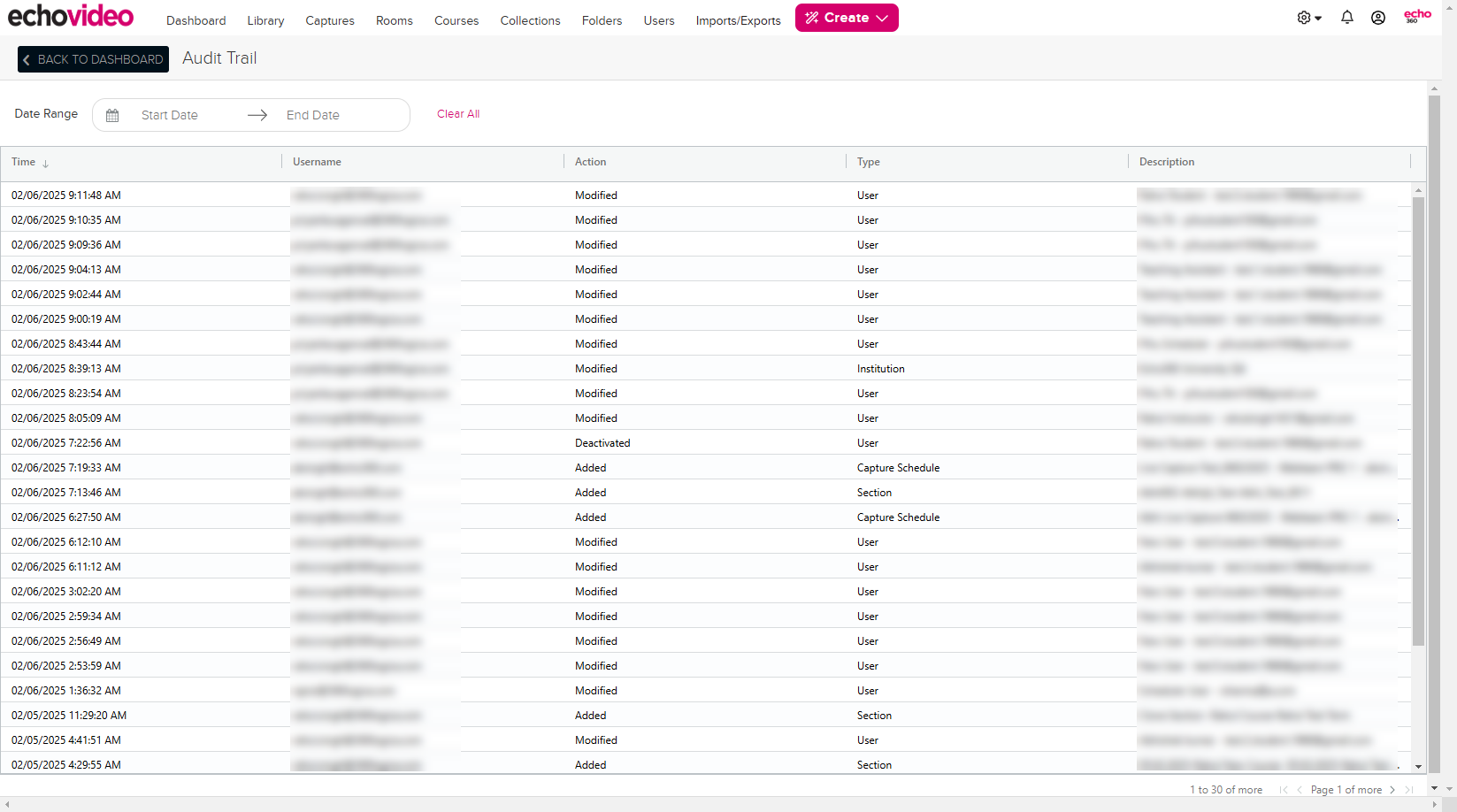 Audit Trail displayed with Time column sorted by most recent