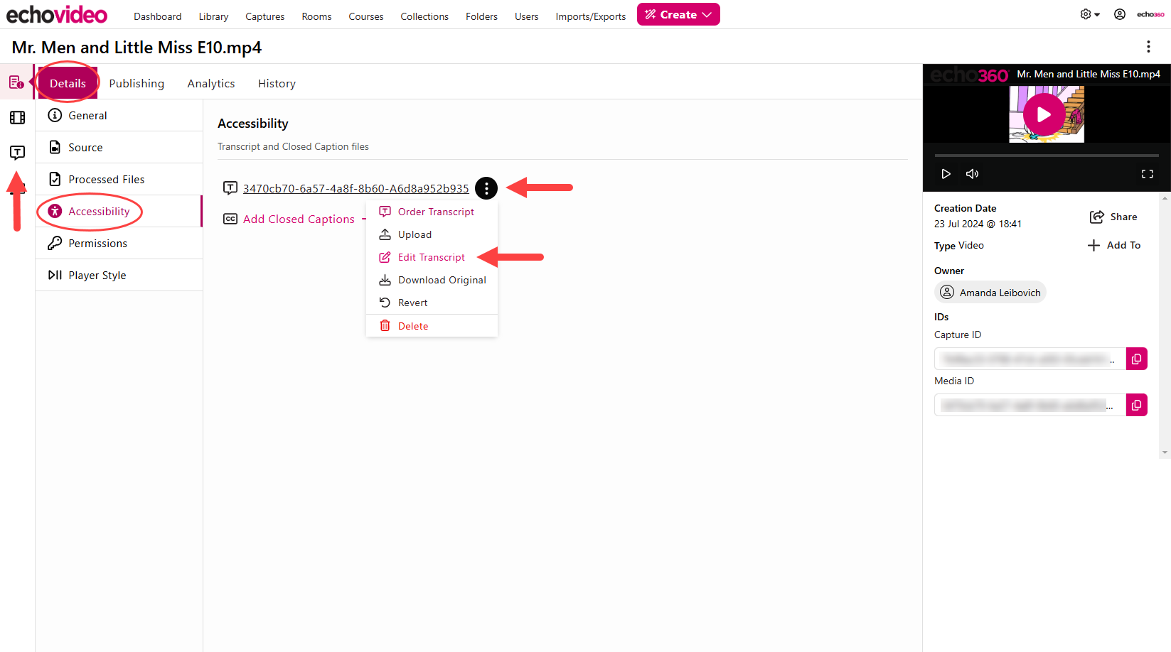 Media details page with details tab open and two Edit Transcript command locations identified as described