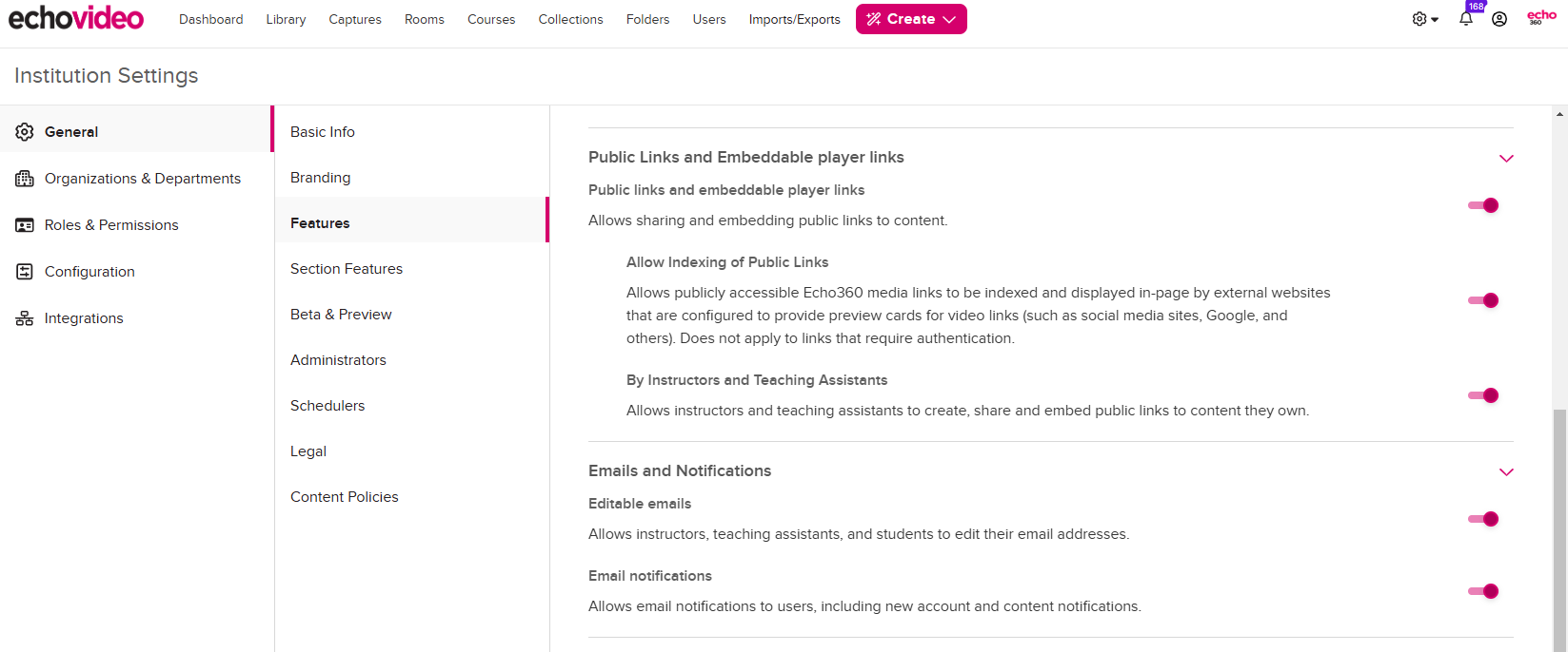 Public Links and Embeddable player option toggles in the list of Institution Feature settings with selections as described