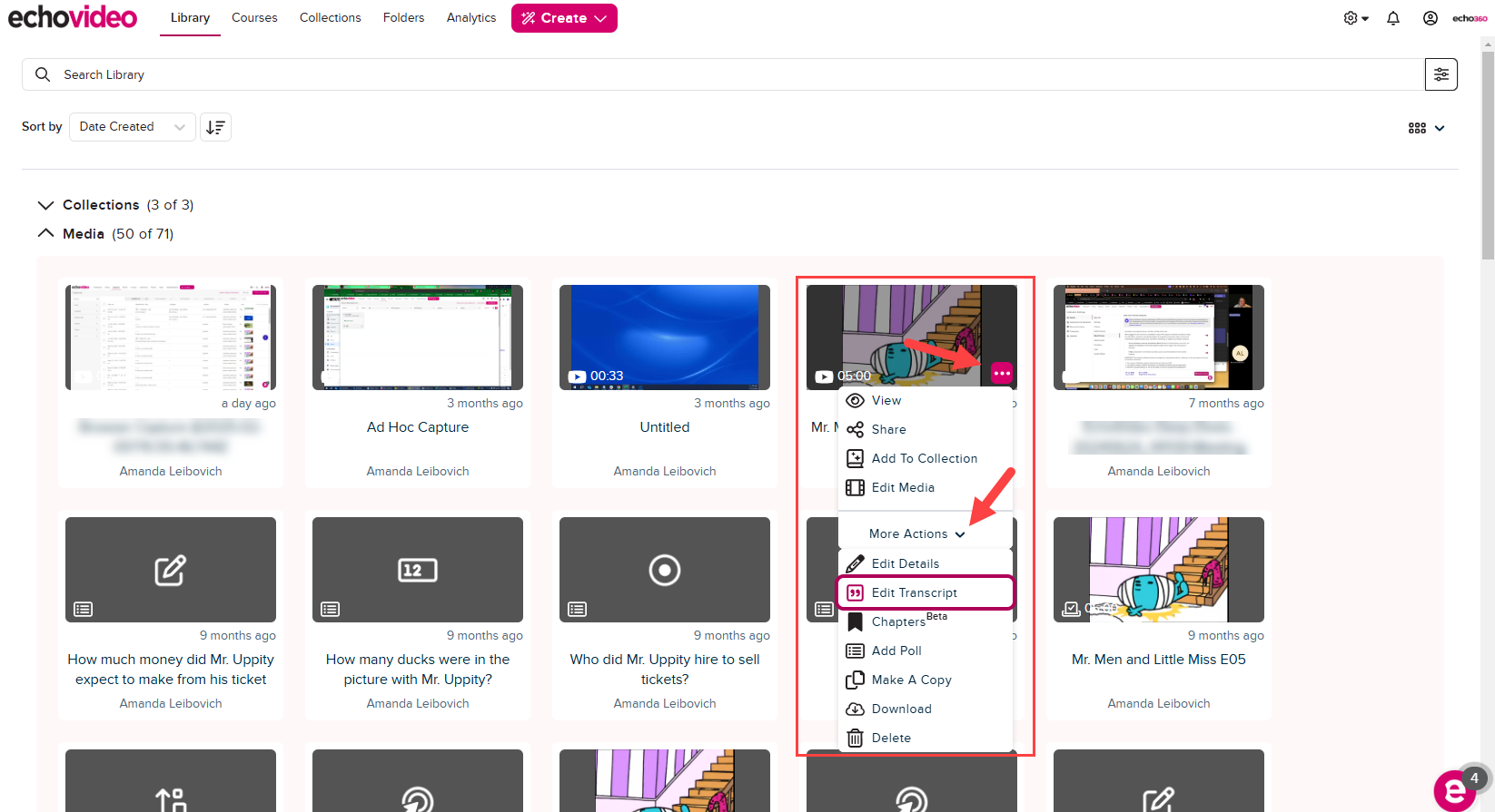 Library page with media tile button identified and menu open with Edit Transcript command identified as described