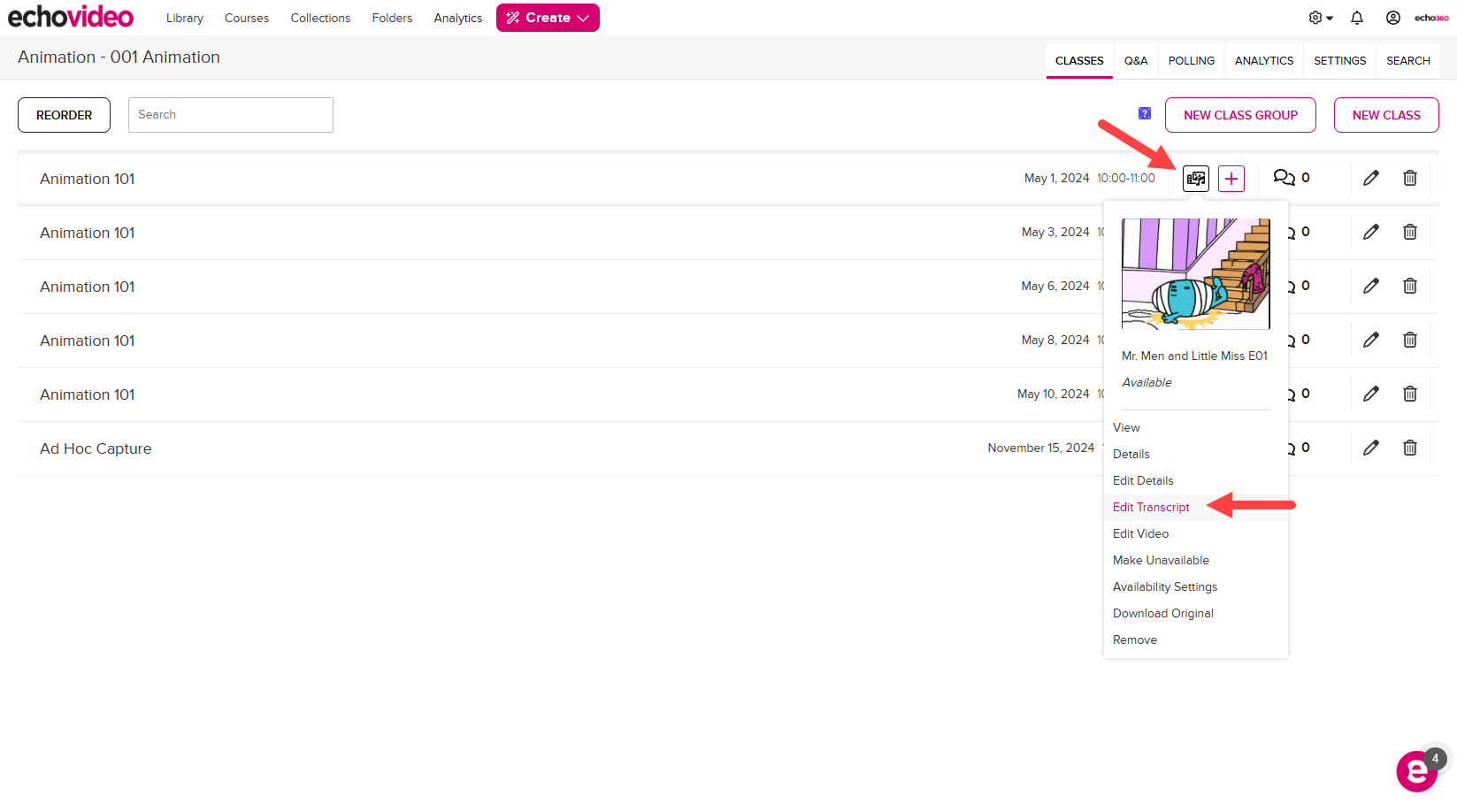 Class list video icon menu shown with Edit transcript option identified as described