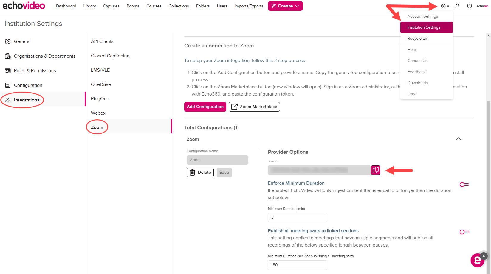 Zoom Configuration page in EchoVideo with Zoom token for copying and Zoom Marketplace button identified