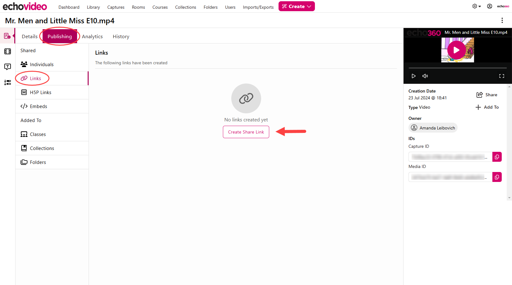 Media Details Page opened to the Links section of the Publishing tab with Create Share Link button identified