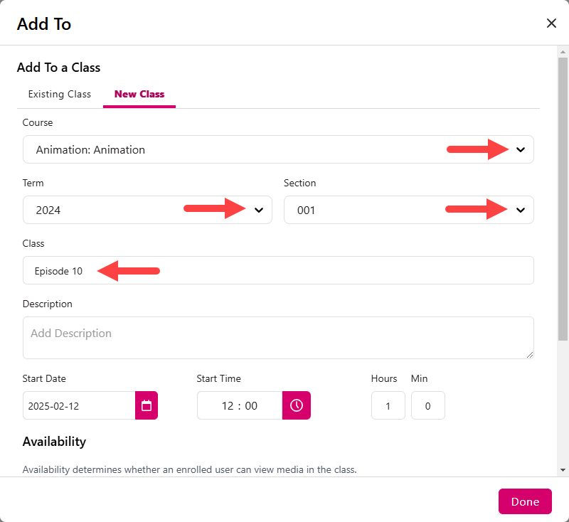 Add to a new Class modal with Course, Term, and Section dropdowns, and Class text box identified as described