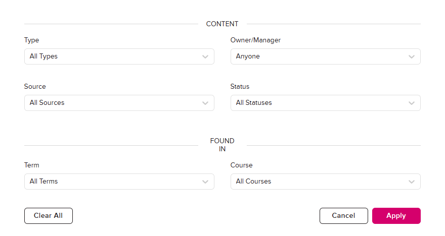 Library filter modal containing filtering options available as described