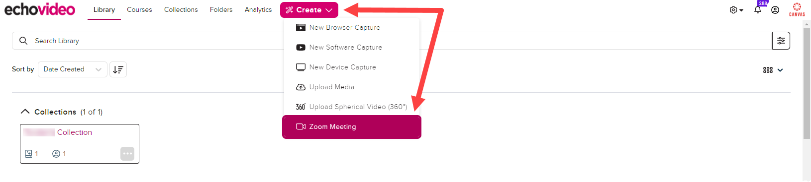 Create button menu open with Zoom Meeting option identified as described