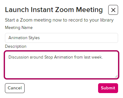 instant zoom meeting configuration box with title and description fields for completion as described