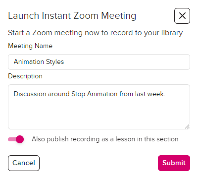 Instant zoom meeting configuration box that includes class name field for completion as described