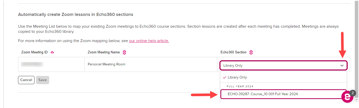 EchoVideo Zoom meeting mapping list with EchoVideo mapping selection drop-down menu open and identified