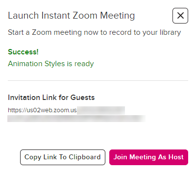 Zoom meeting configuration success dialog box with copy link and launch meeting as host options as described