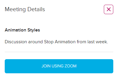 Zoom meeting info popup box containing title and description and button for joining meeting as described