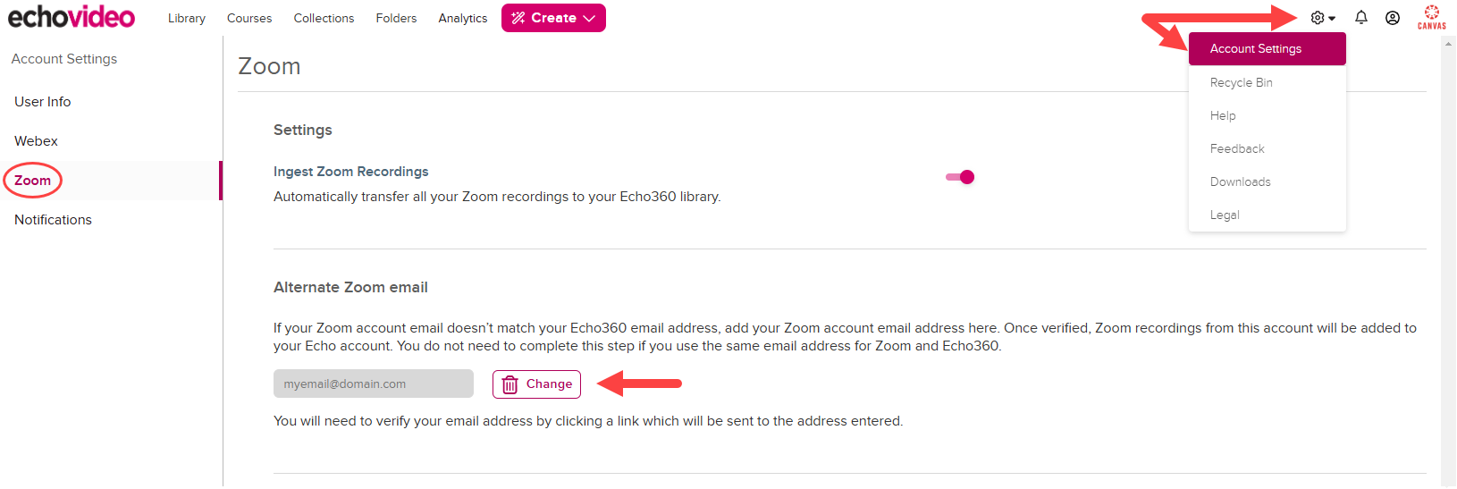 Account Settings open to Zoom with Change under Alternate Zoom email identified as described