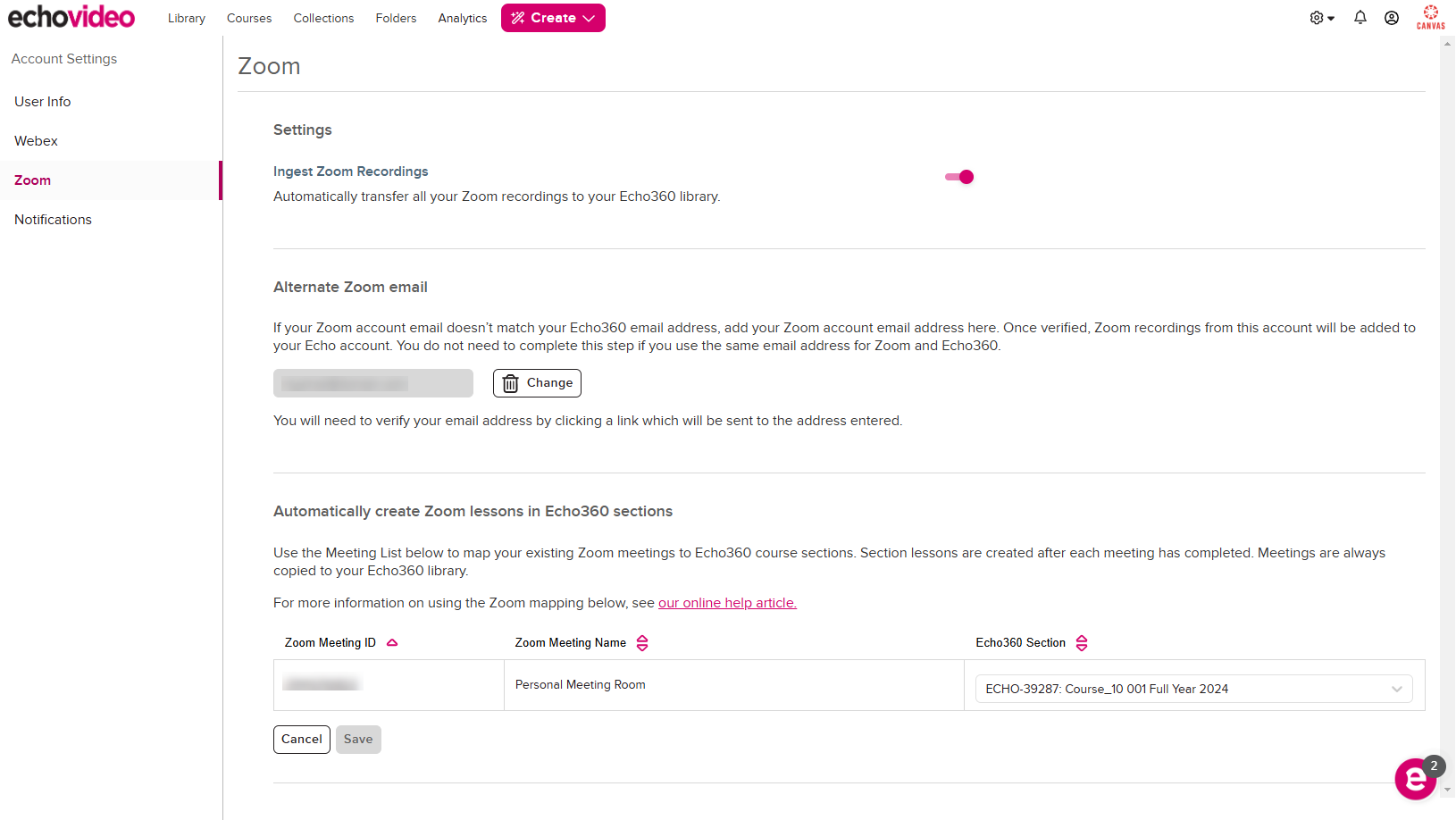 Instructor Zoom Settings page