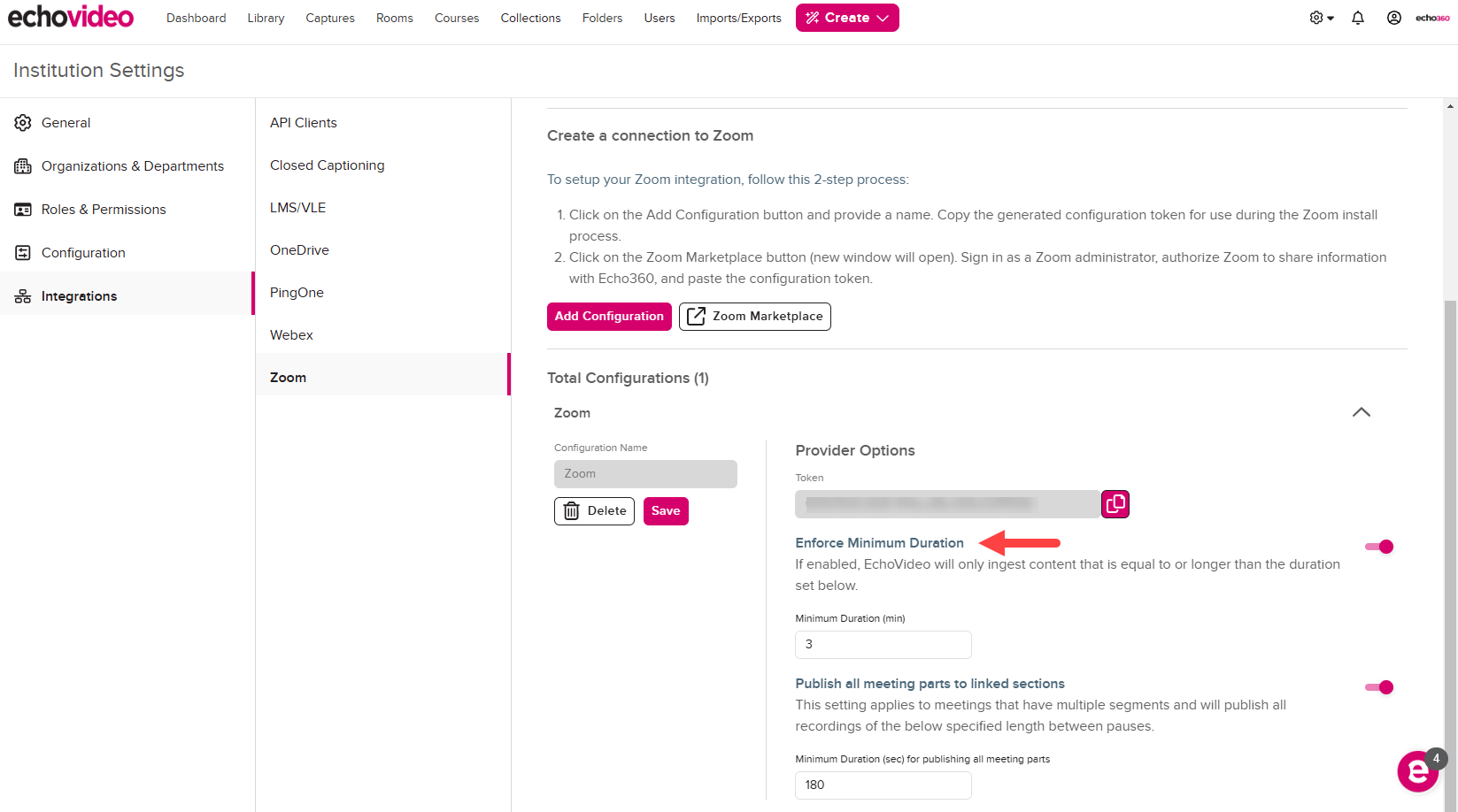 Navigation to Enforce Minimum Duration toggle as described