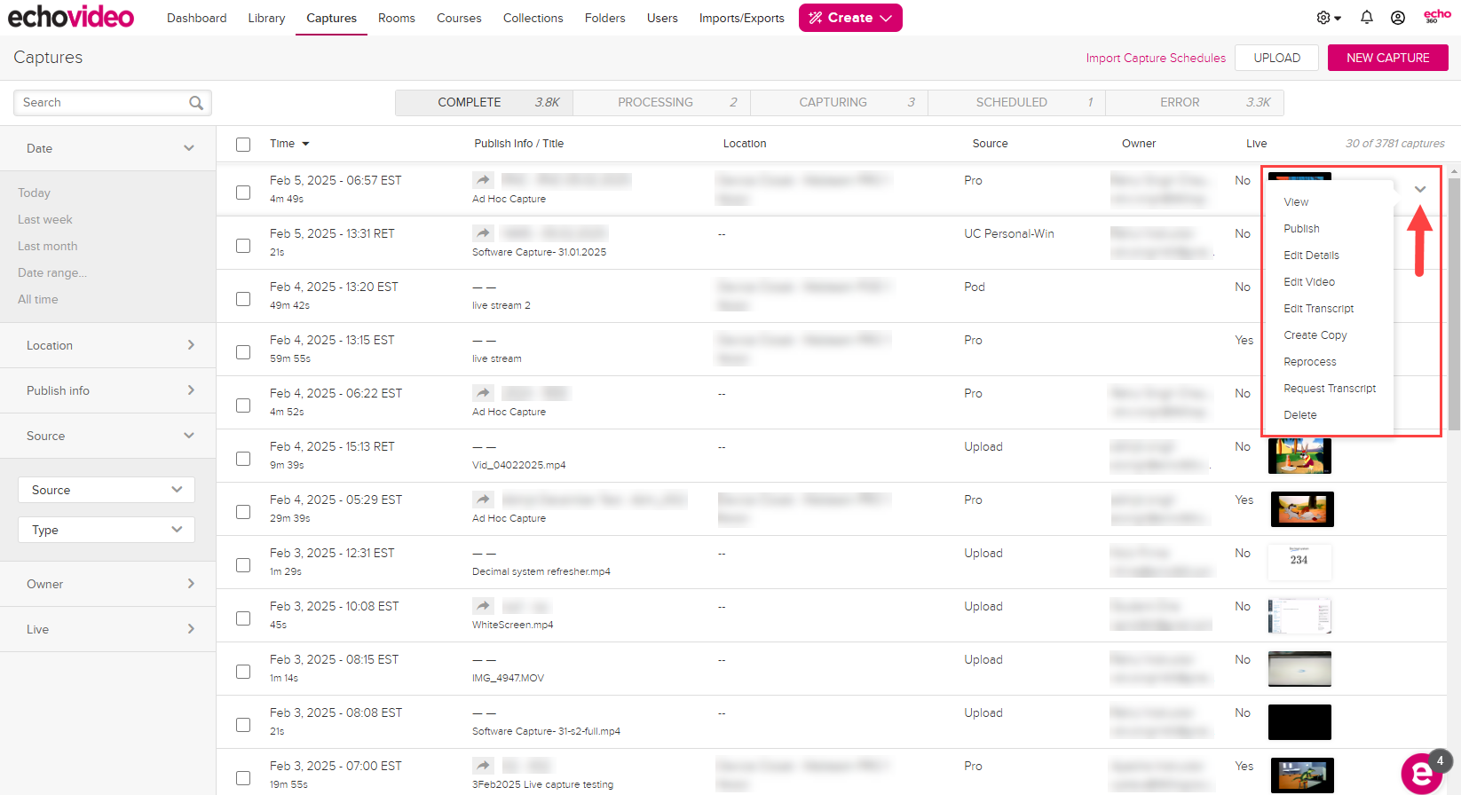 Completed captures list with chevron identified and selected and menu with all options available shown as described