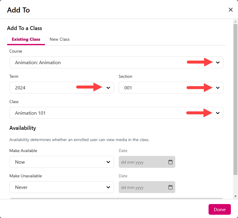 Add to an existing Class with Course, Term, Section, and Class dropdowns identified as described