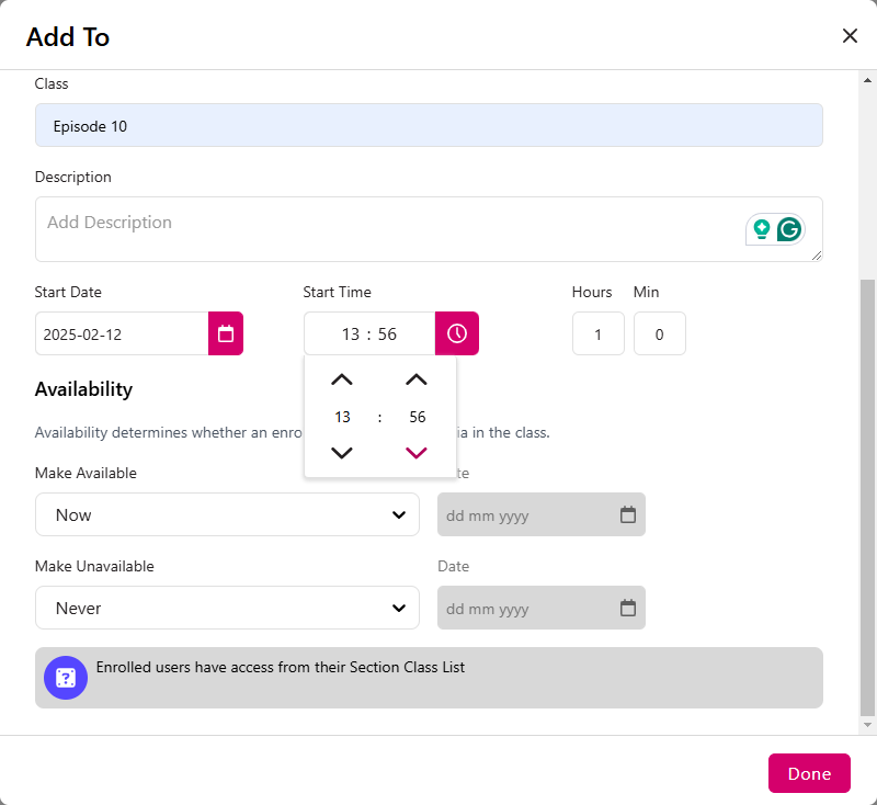 Media details page with Publishing tab selected and sharing to a New Class with the time picker open as described