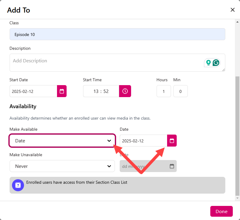 Media details page with Publishing tab selected and sharing to a New Class with the availability options and date picker identified as described