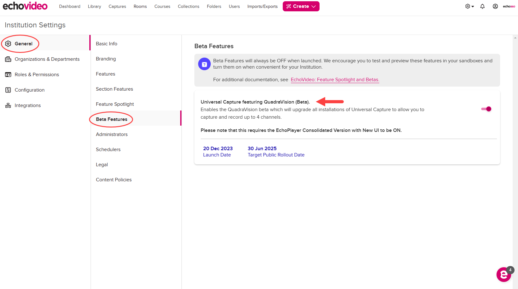 Institution Settings open to General, Beta  Features, with the QuadraVision toggle disabled as shown by the steps described