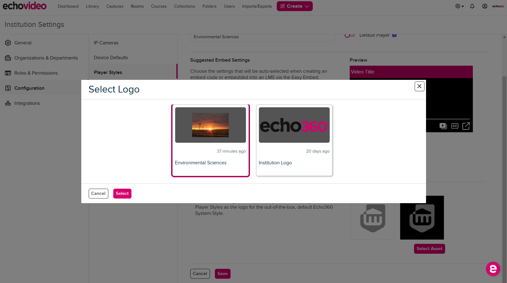 Logo Picker modal open with a logo highlighted and the Select button active