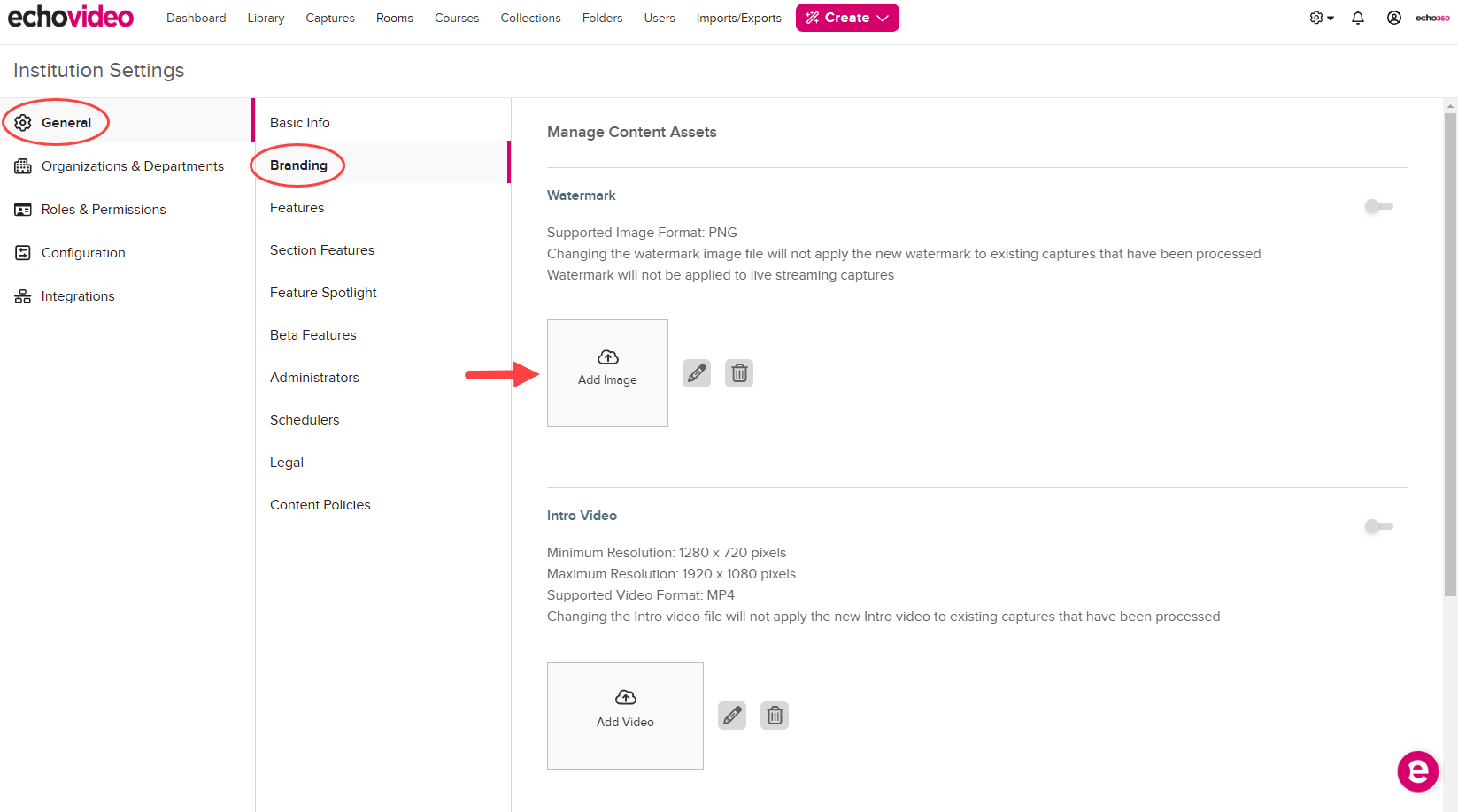 Institution Settings Branding page with options as described