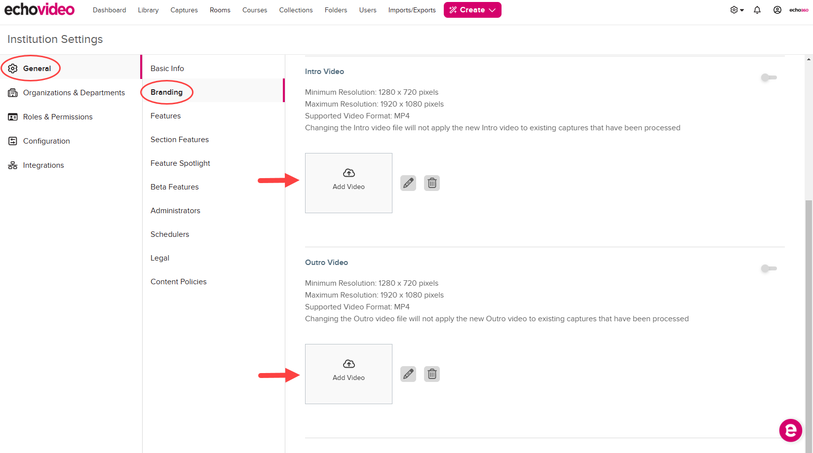 Institution Settings Branding page with Intro and Outro Video controls shown