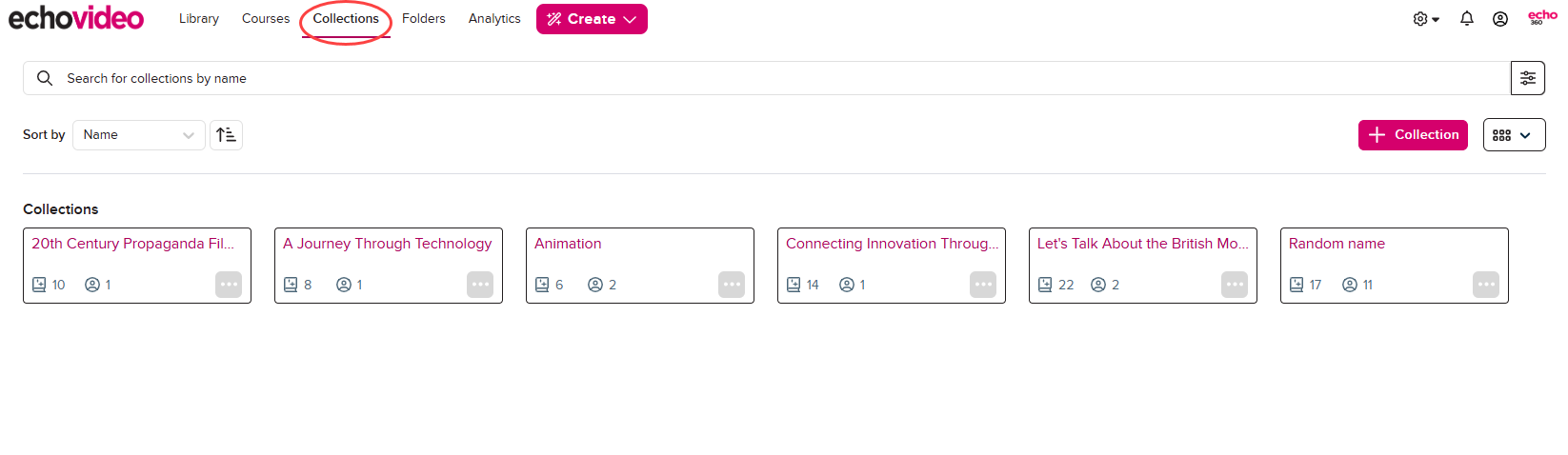 Collections page with navigation in main menu identified and collections tiles shown for selection as described