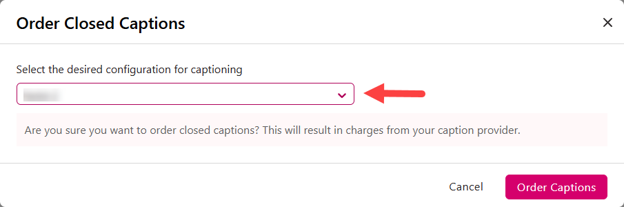 Order Closed Captions modal with configuration dropdown identified