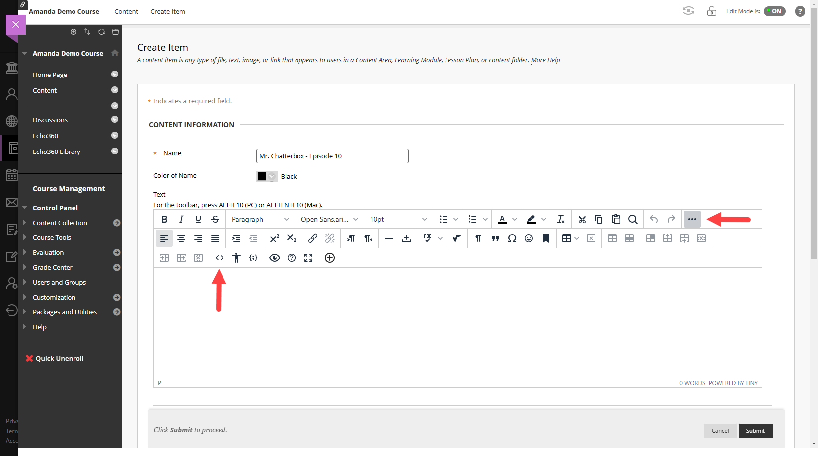 Blackboard Create content item form with Insert/Edit code sample button identified as described