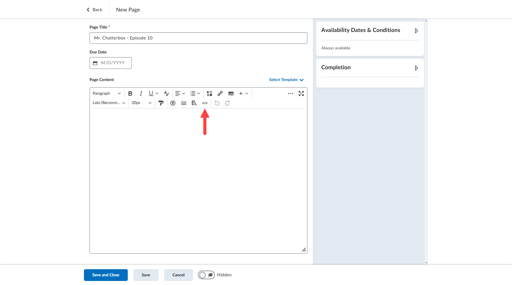 D2L Create File page with HTML source editor button identified