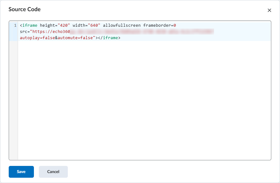 D2L HTML Source Editor window with embed code as described
