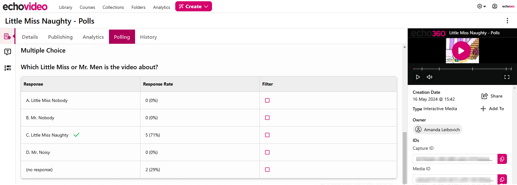 Media details polling tab with multiple choice poll question and answer options shown with summary student response calculations included as described