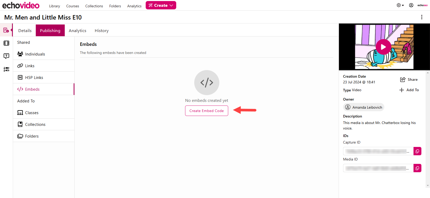 Embeds section of media details with Create Embed Code button identified for steps as described